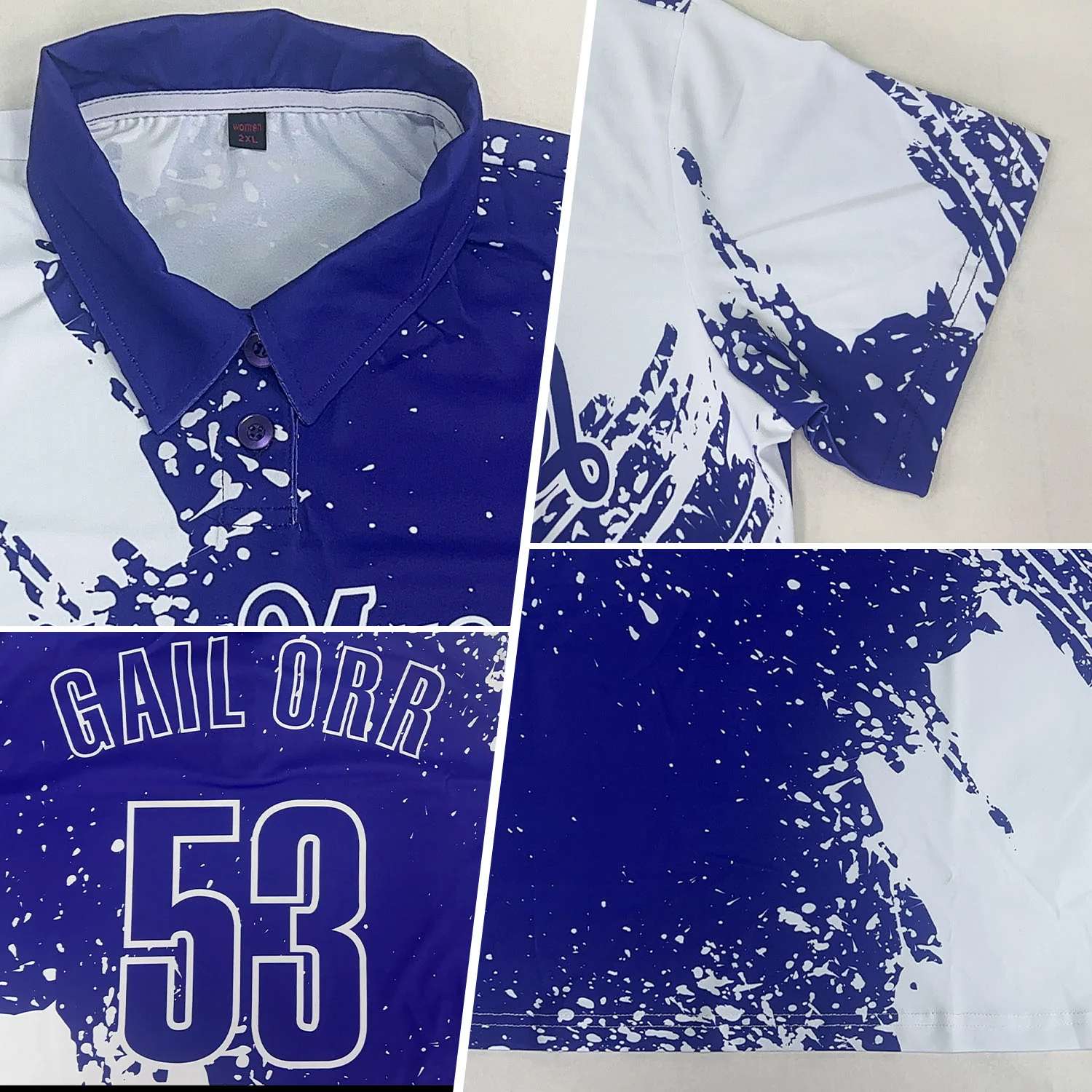 Custom White Royal 3D Pattern Design Abstract Brush Stroke Performance Polo Shirt