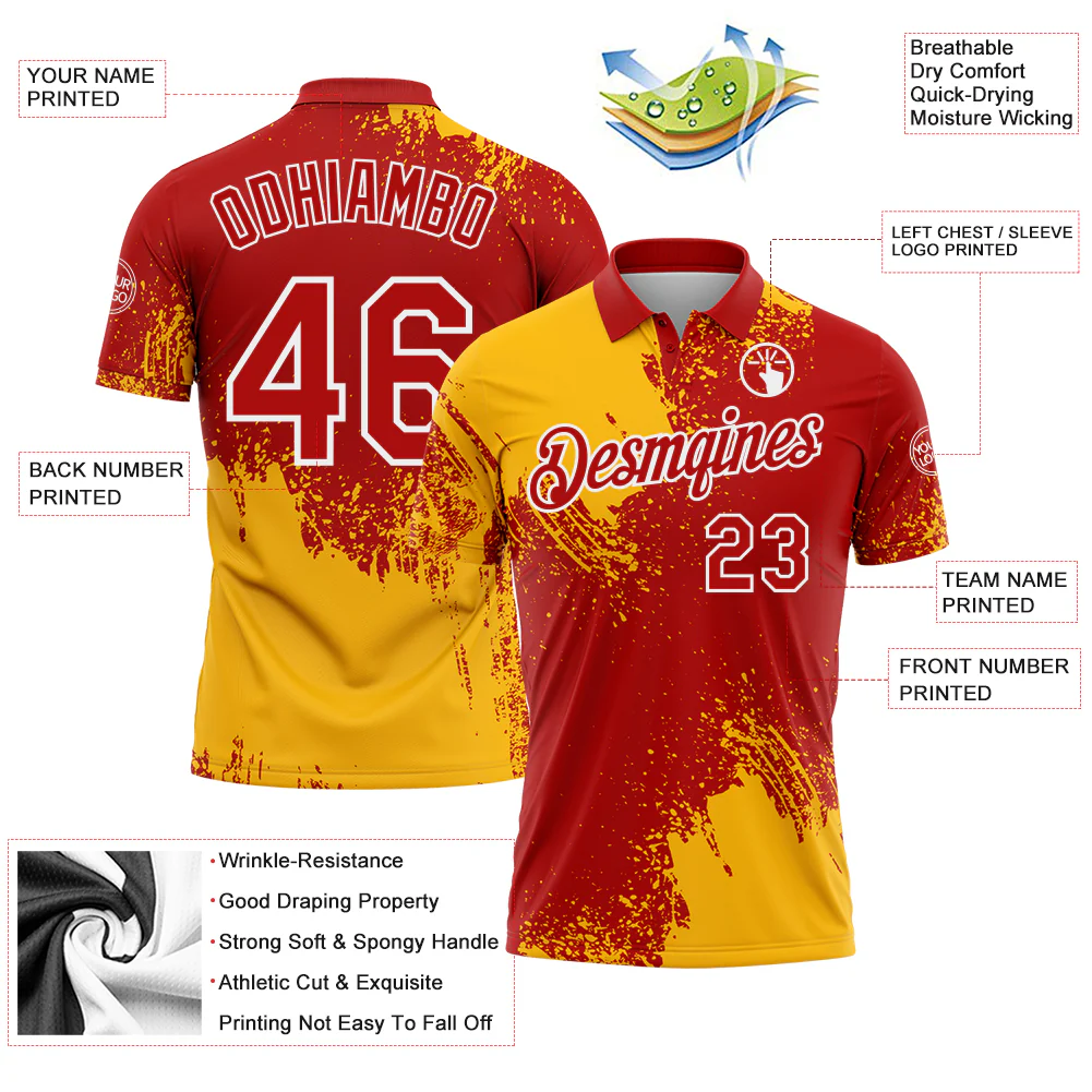 Custom Gold Red-White 3D Pattern Design Abstract Brush Stroke Performance Polo Shirt
