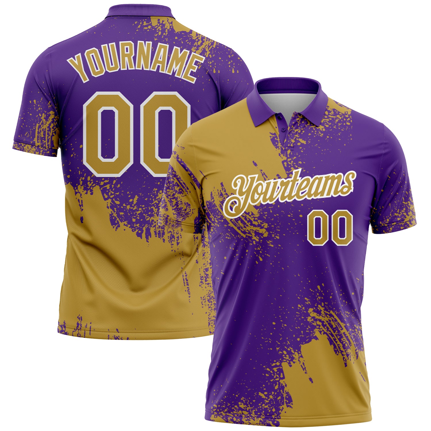 Custom Old Gold Purple-White 3D Pattern Design Abstract Brush Stroke Performance Polo Shirt