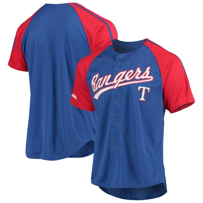 Men’s Texas Rangers Stitches Royal Button-Down Raglan Replica Jersey