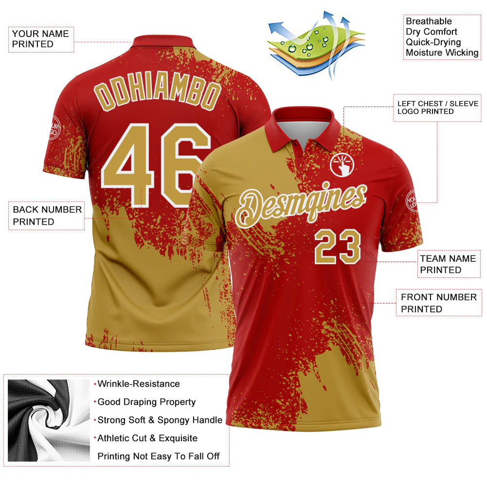 Custom Old Gold Red-White 3D Pattern Design Abstract Brush Stroke Performance Polo Shirt