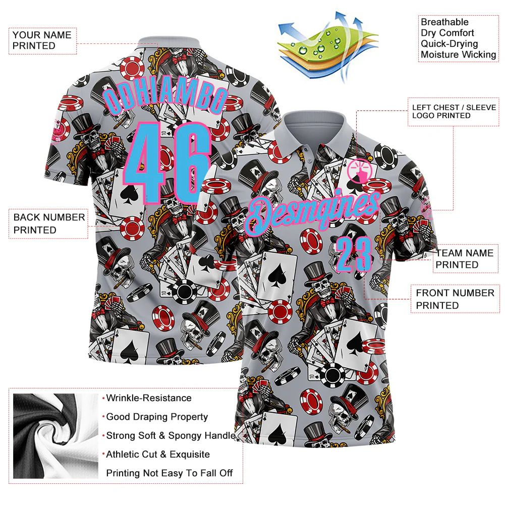 Custom Gray Sky Blue-Pink 3D Gambling Poker Performance Polo Shirt