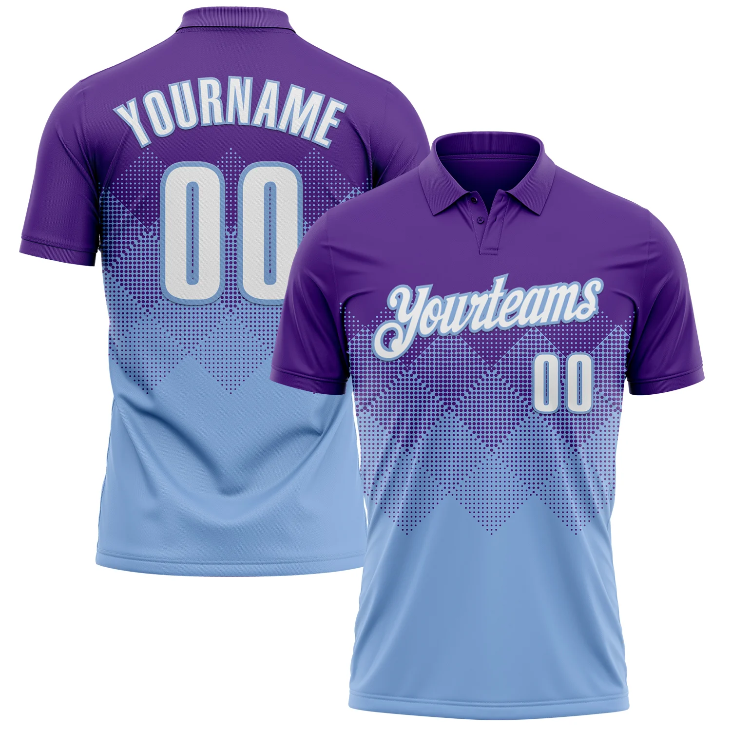 Custom Purple White-Light Blue 3D Gradient Square Shape Performance Polo Shirt