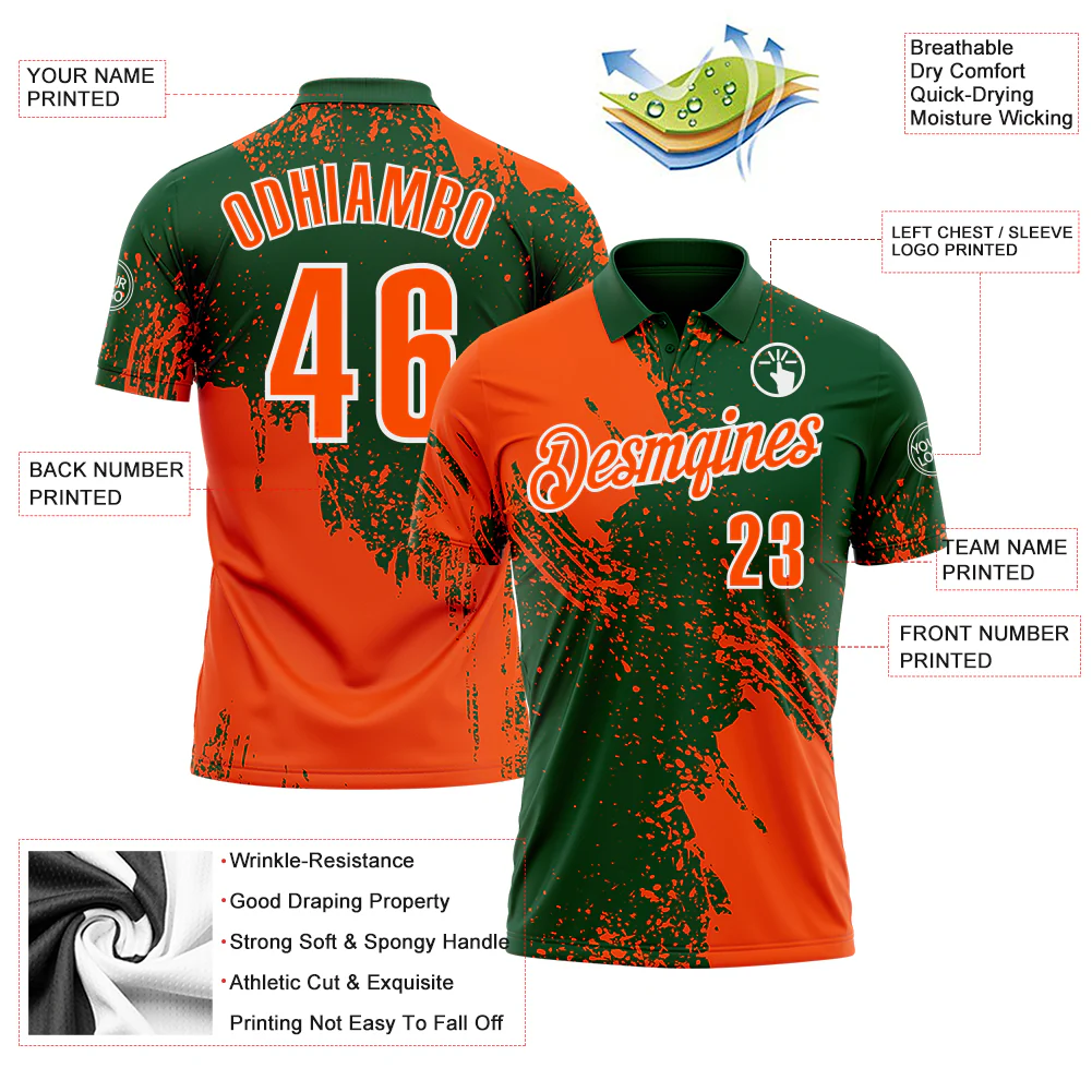 Custom Orange Green-White 3D Pattern Design Abstract Brush Stroke Performance Polo Shirt