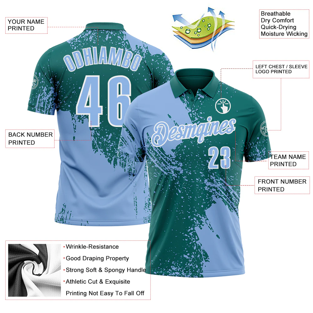 Custom Light Blue Teal-White 3D Pattern Design Abstract Brush Stroke Performance Polo Shirt