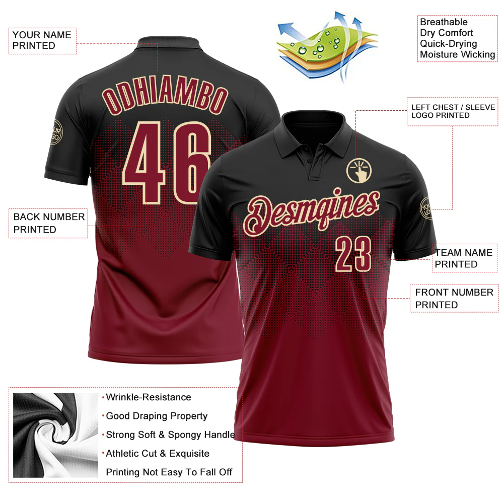 Custom Black Crimson-Cream 3D Gradient Square Shape Performance Polo Shirt