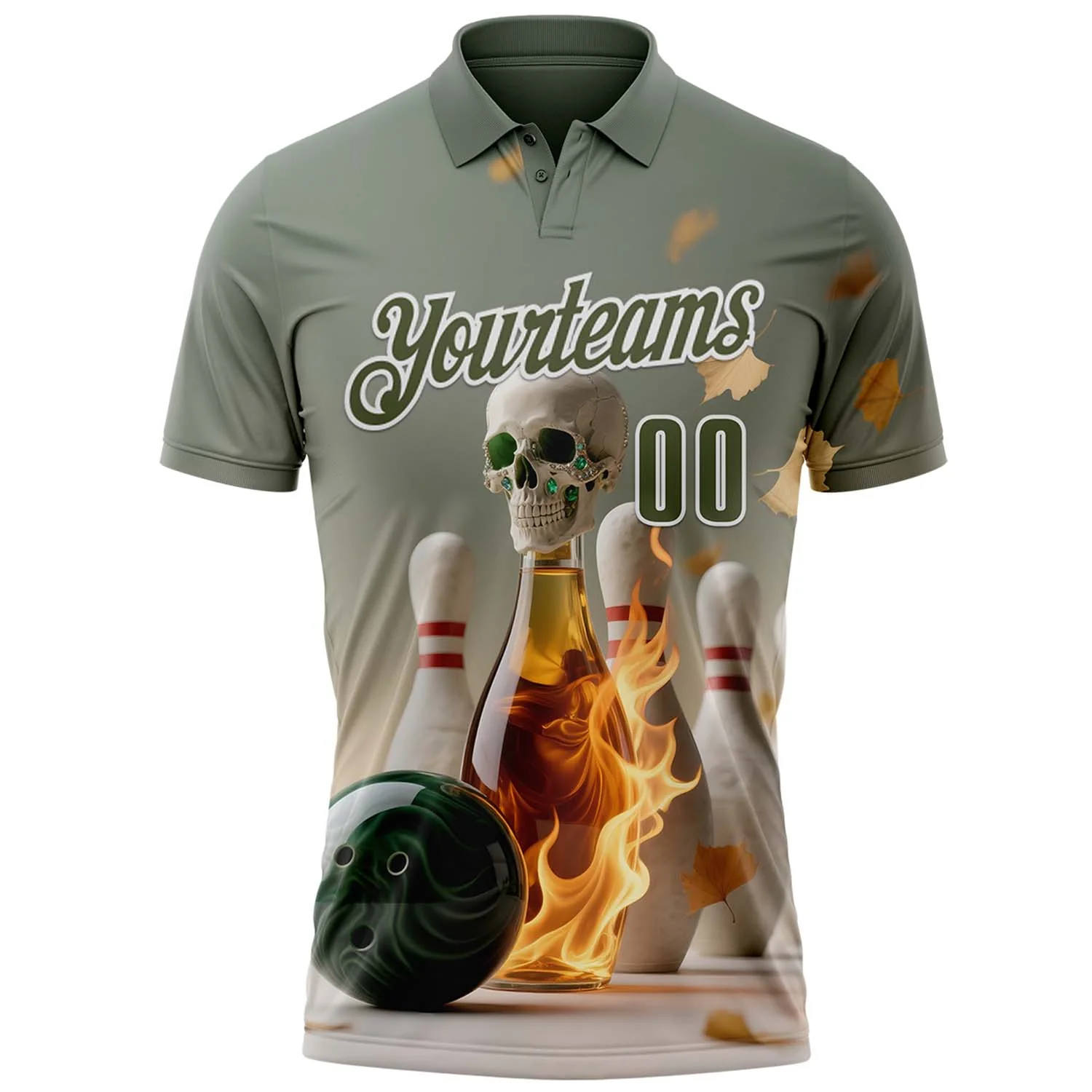Custom Gray Olive-White 3D Flame Gem Skull Bowling Performance Polo Shirt