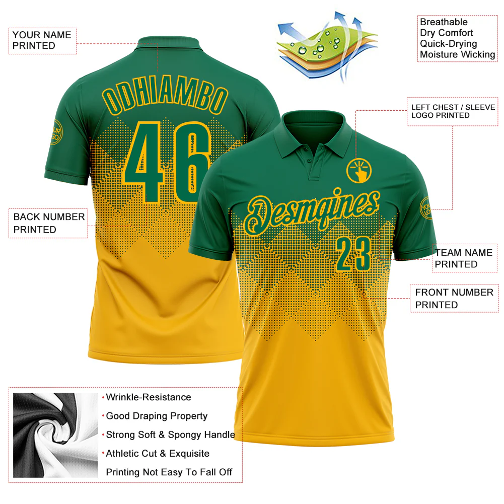 Custom Kelly Green Gold 3D Gradient Square Shape Performance Polo Shirt