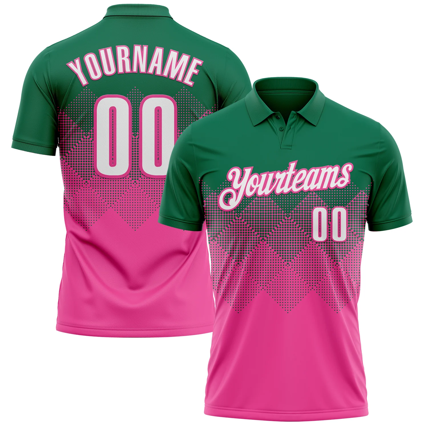 Custom Kelly Green White-Pink 3D Gradient Square Shape Performance Polo Shirt