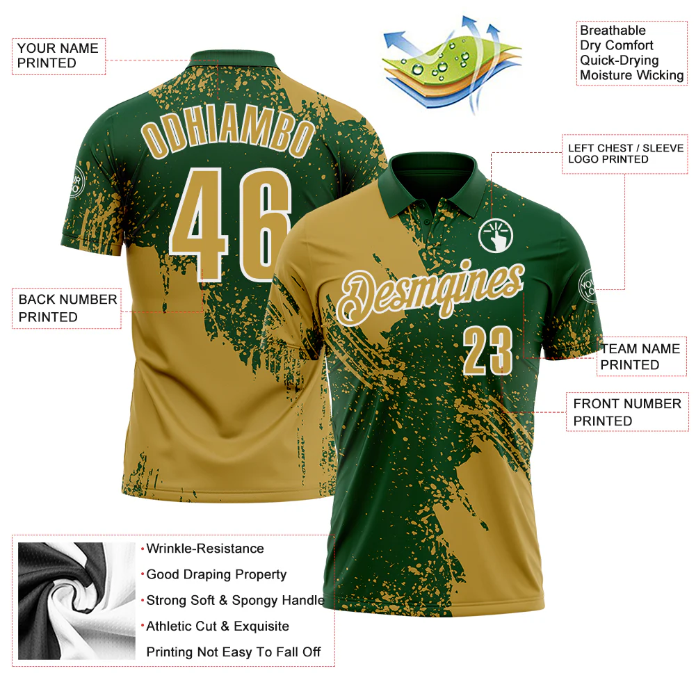Custom Old Gold Green-White 3D Pattern Design Abstract Brush Stroke Performance Polo Shirt