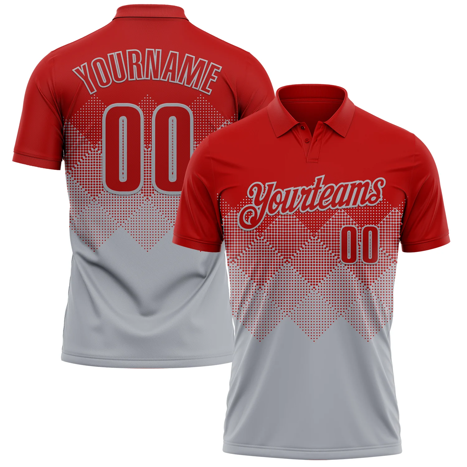 Custom Red Gray 3D Gradient Square Shape Performance Polo Shirt