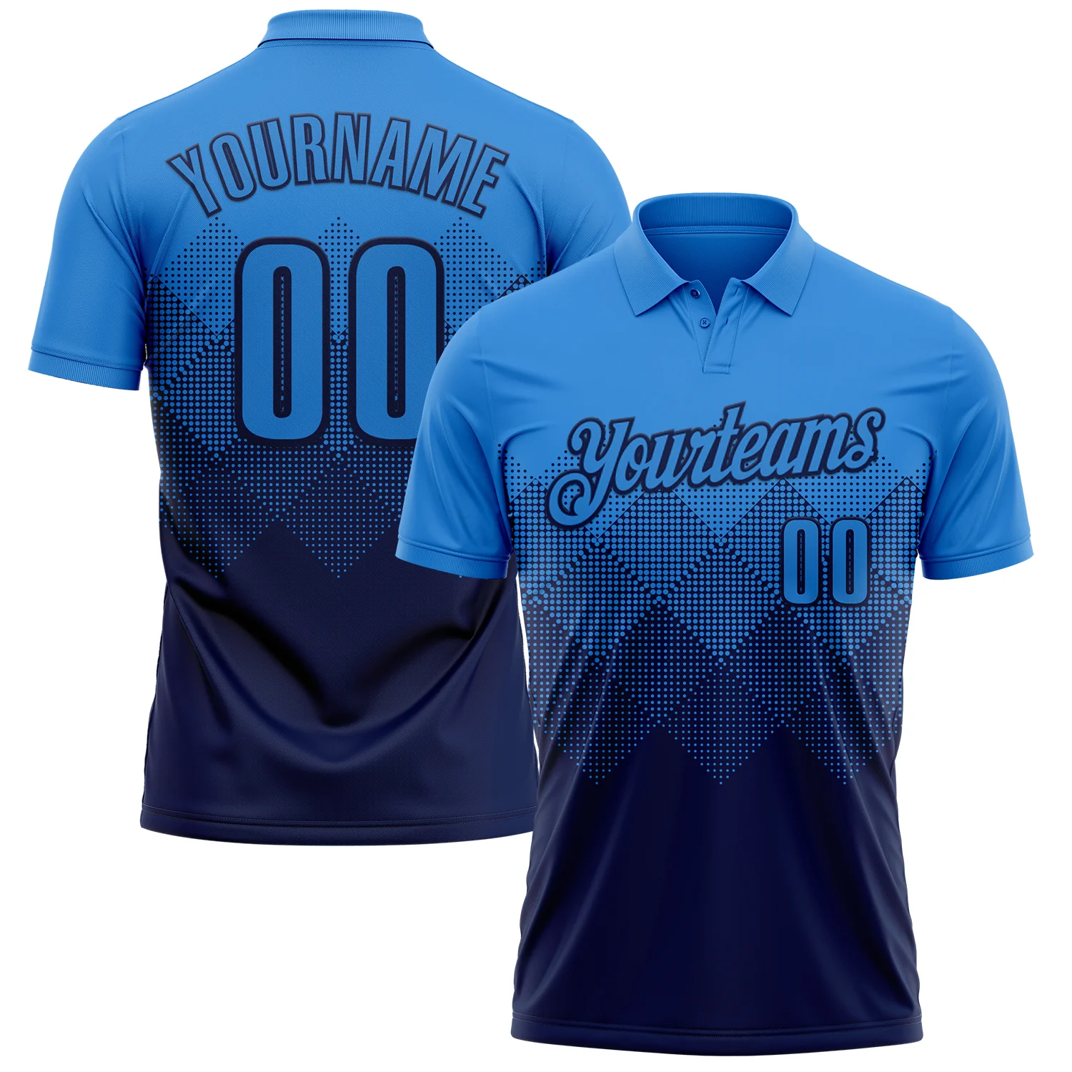 Custom Powder Blue Navy 3D Gradient Square Shape Performance Polo Shirt