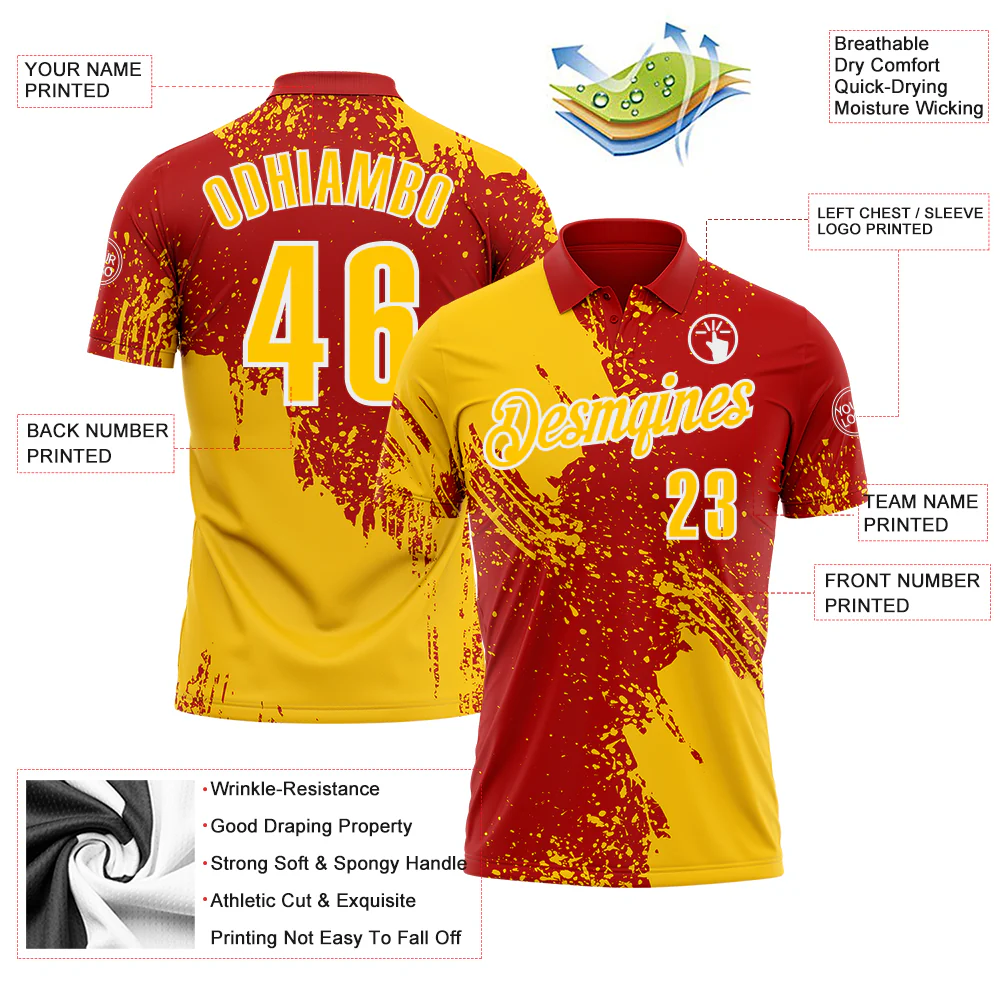 Custom Yellow Red-White 3D Pattern Design Abstract Brush Stroke Performance Polo Shirt