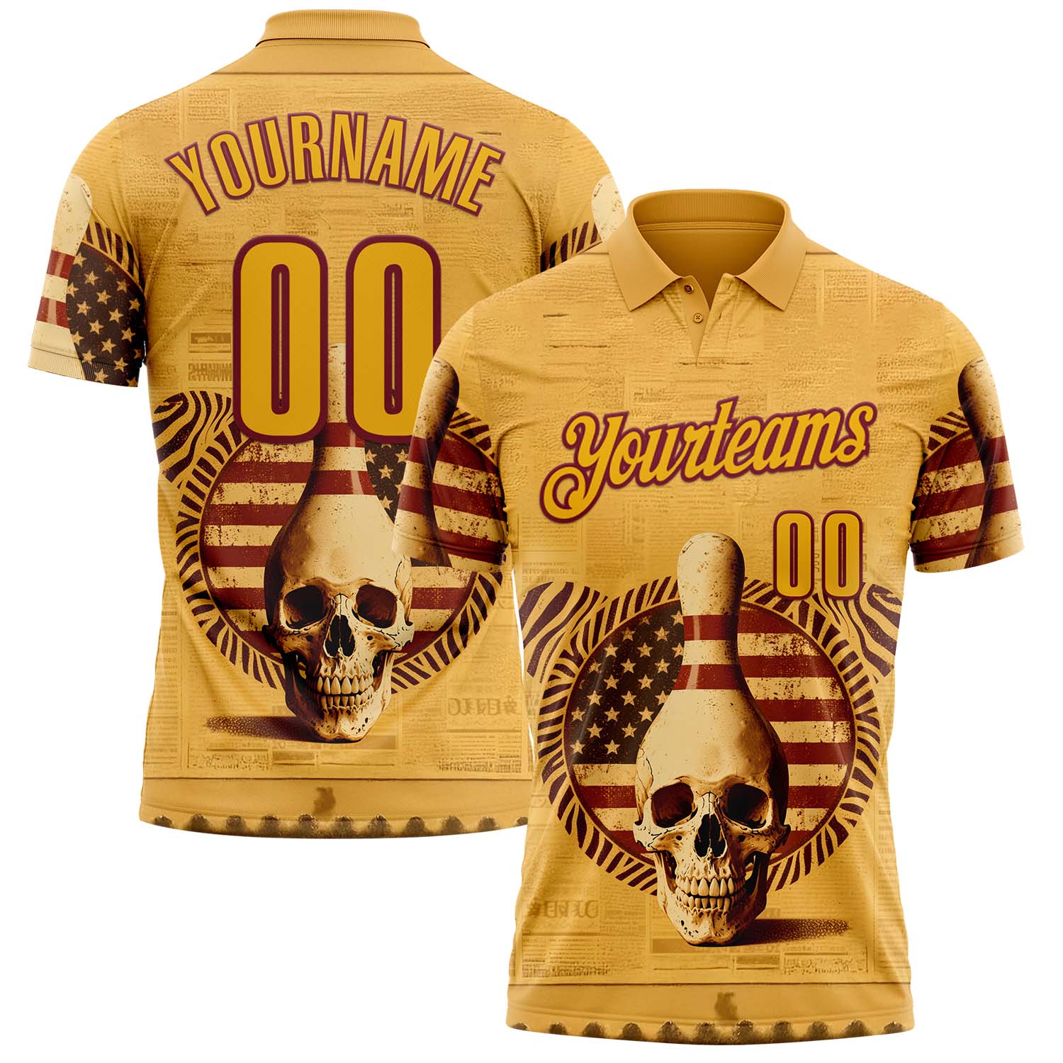 Custom Yellow Gold-Crimson 3D Retro American Flag Skull Bowling Performance Polo Shirt