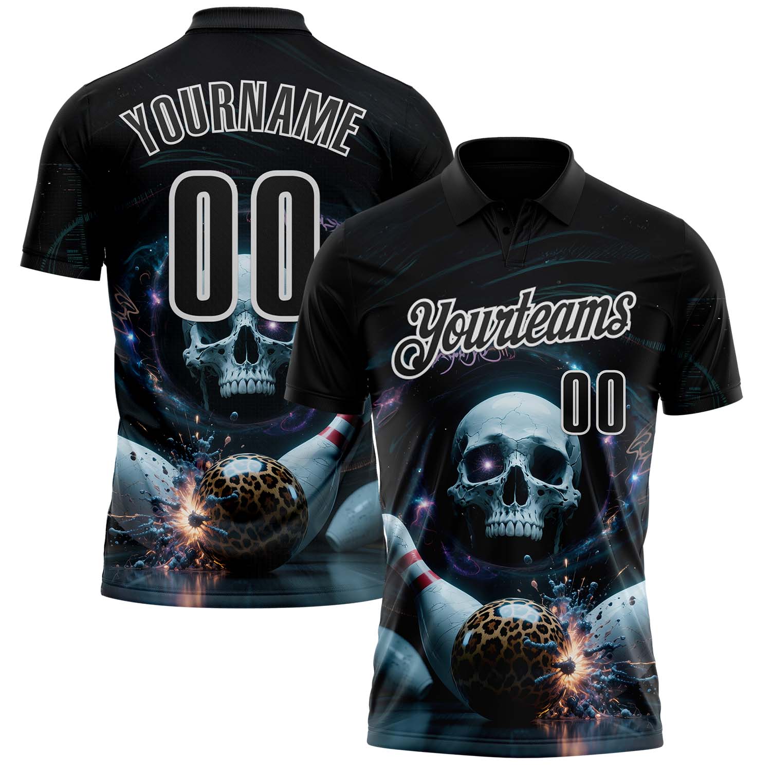 Custom Black White 3D Galaxy Leopard Print Skull Bowling Performance Polo Shirt