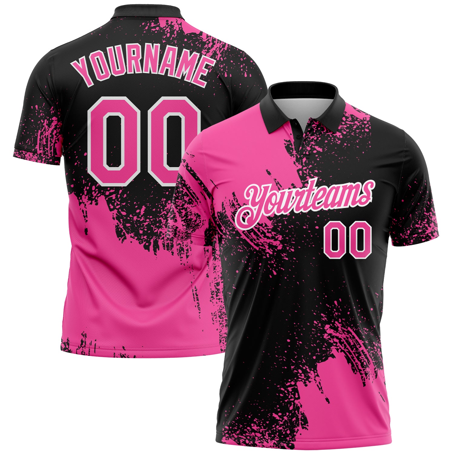 Custom Pink Black-White 3D Pattern Design Abstract Brush Stroke Performance Polo Shirt