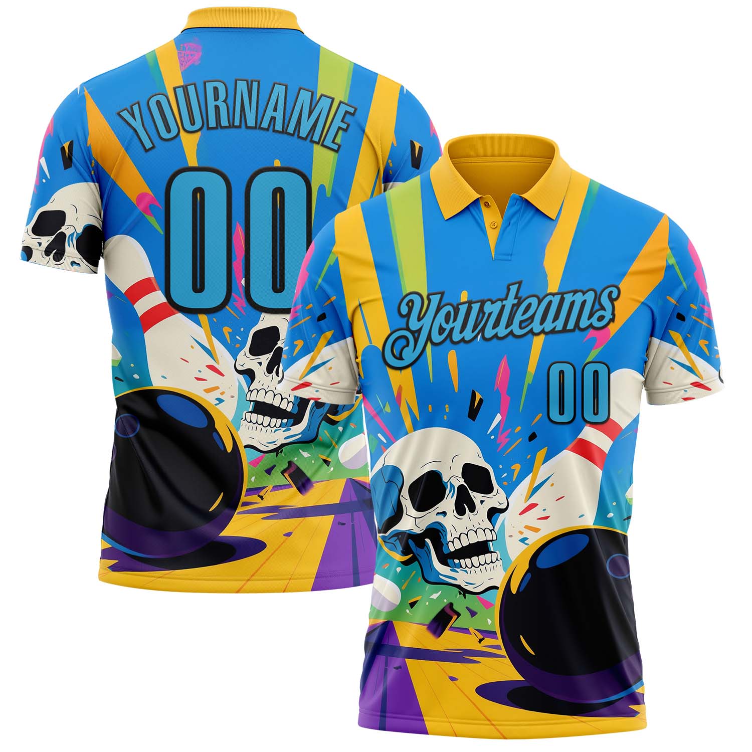 Custom Gold Sky Blue-Black 3D Splash Skull Bowling Performance Polo Shirt