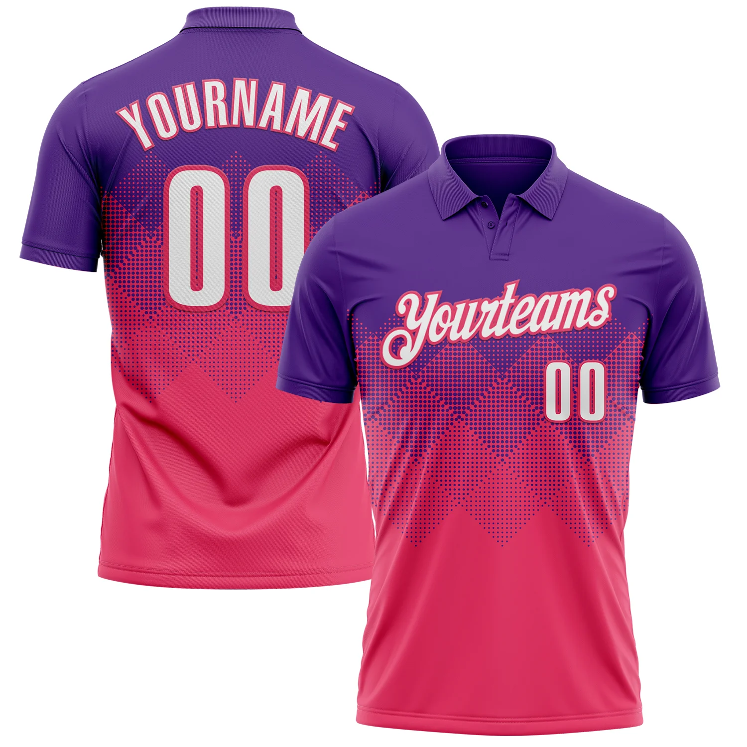 Custom Purple White-Neon Pink 3D Gradient Square Shape Performance Polo Shirt