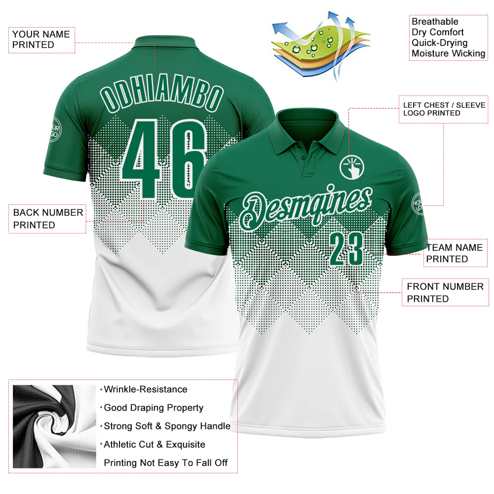 Custom Kelly Green White 3D Gradient Square Shape Performance Polo Shirt
