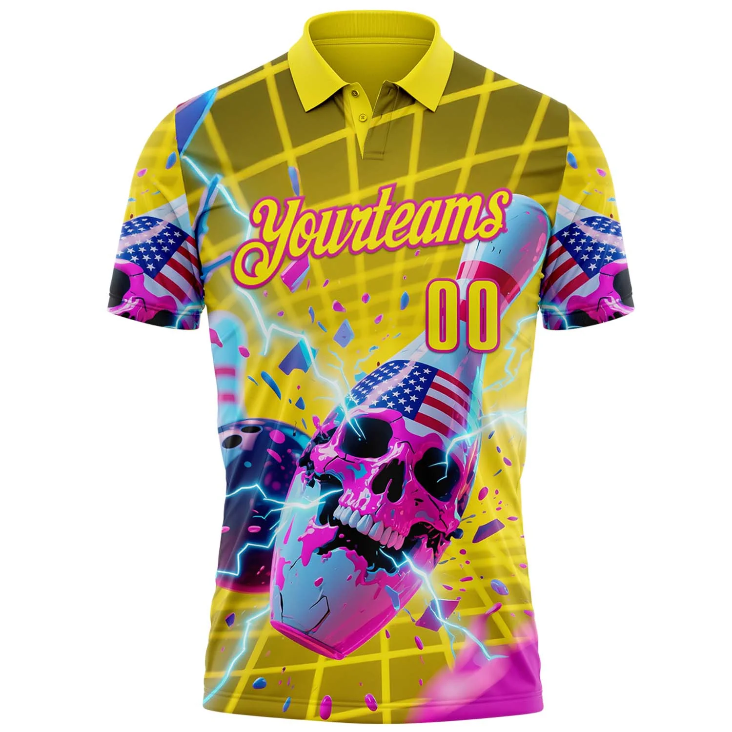 Custom Gold Light Yellow-Deep Pink 3D American Flag Splash Lightning Skull Bowling Performance Polo Shirt