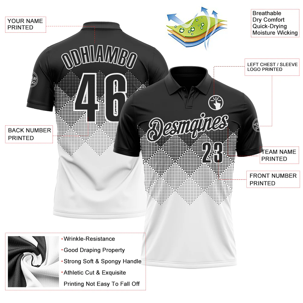 Custom Black White 3D Gradient Square Shape Performance Polo Shirt