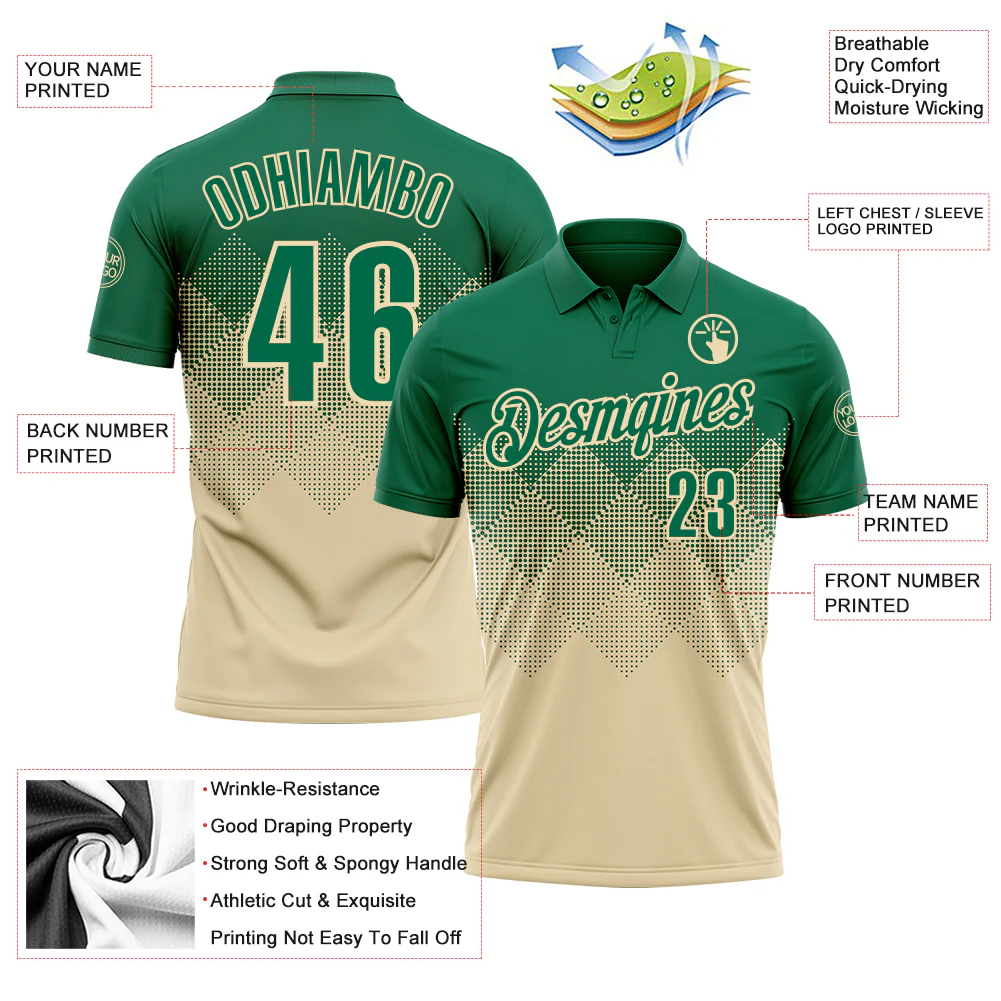 Custom Kelly Green Cream 3D Gradient Square Shape Performance Polo Shirt