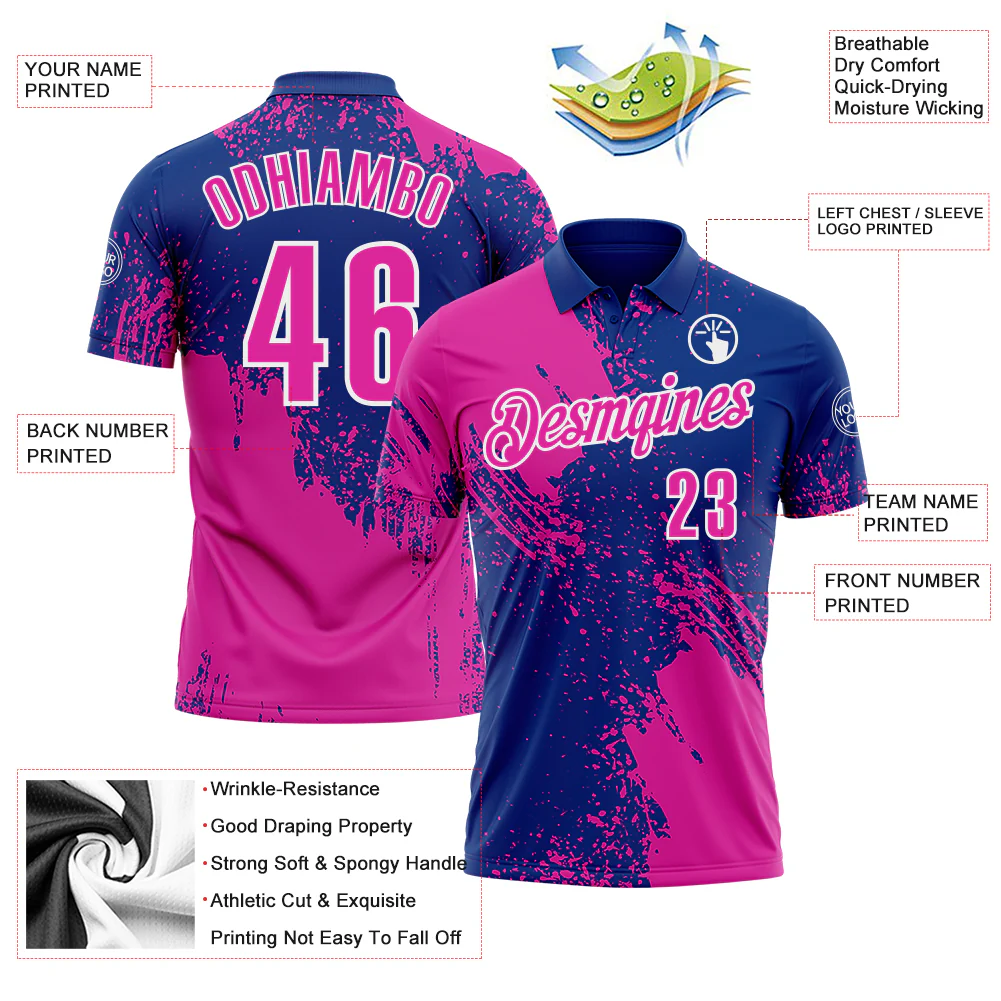 Custom Deep Pink Royal-White 3D Pattern Design Abstract Brush Stroke Performance Polo Shirt