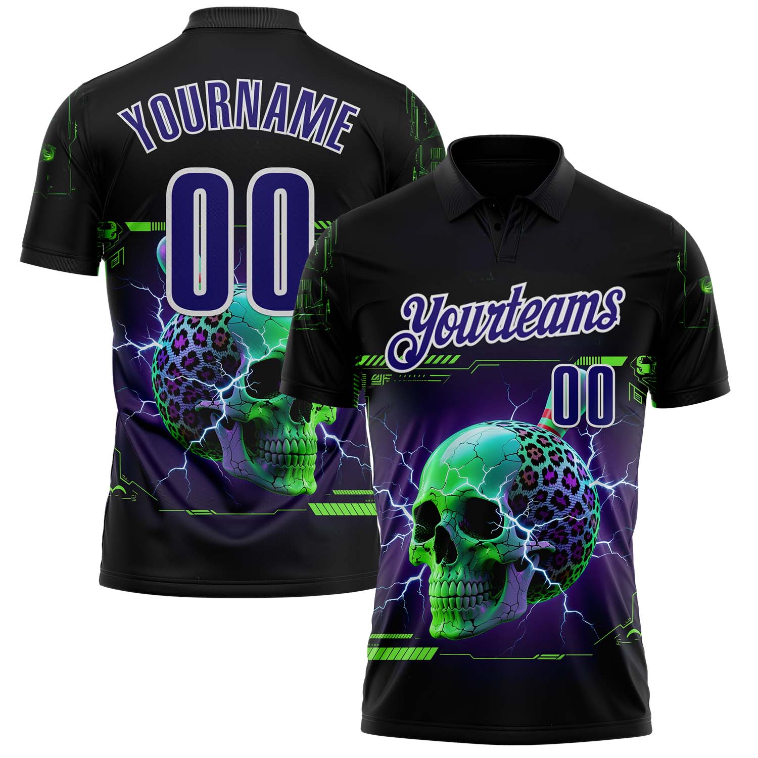 Custom Black Dark Purple-White 3D Lightning Leopard Print Skull Bowling Performance Polo Shirt