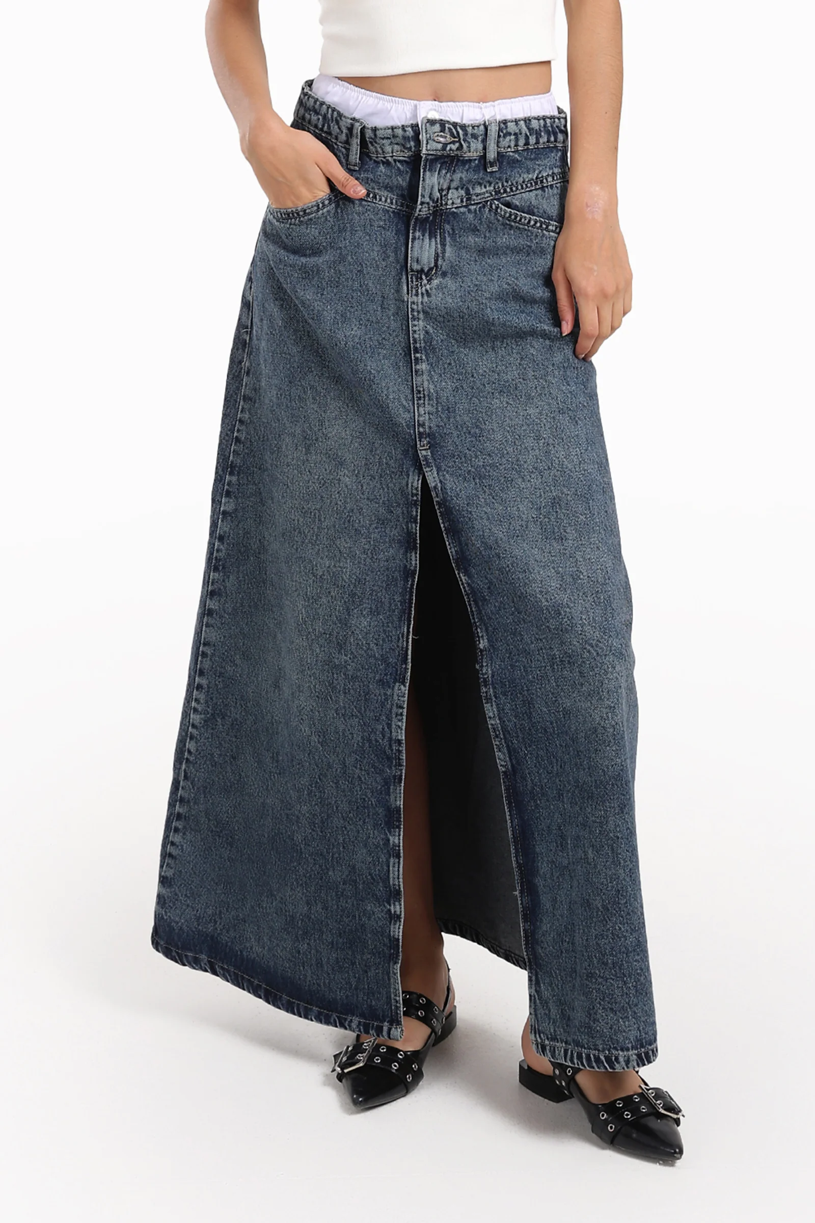 Denim Maxi Skirt with Slit