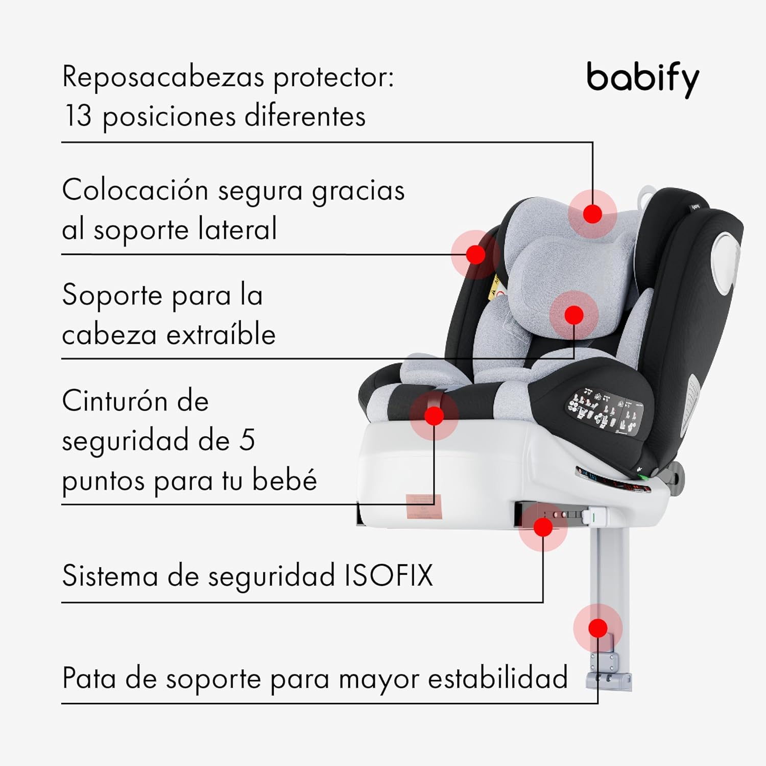 Babify Onboard Silla de Coche Isofix para Bebés y Niños, 0 Meses - 12 Años, Apta Desde 40-150 cm, Ajustable 360º, Asiento Portátil y Seguro i-Size ECE R129 - Black edition