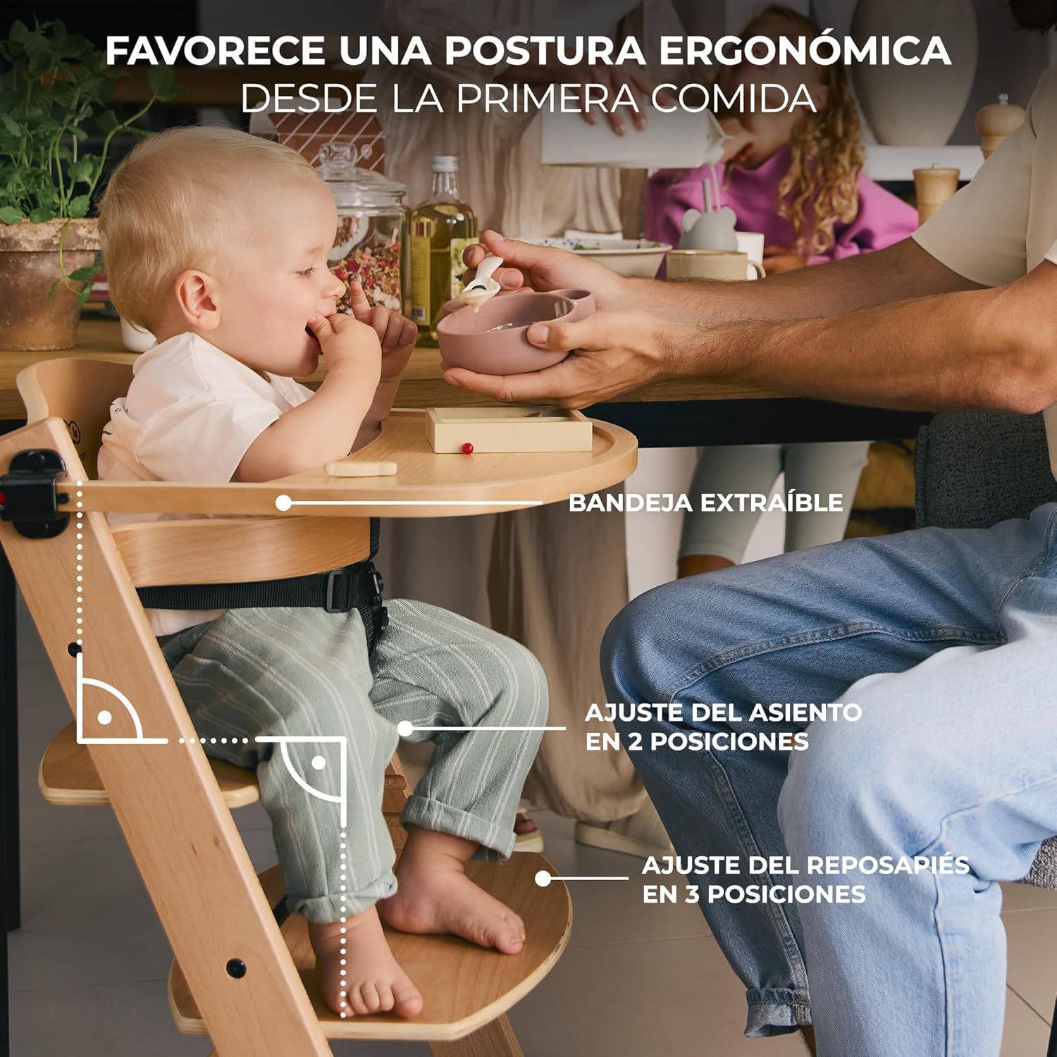 Kinderkraft ENOCK Trona bebé de Madera + Hamaca Bebé CALMEE, portatil, para niños, Silla alta Infantil, Evolutiva, Ergonómica, Barrera y Bandeja, Gris