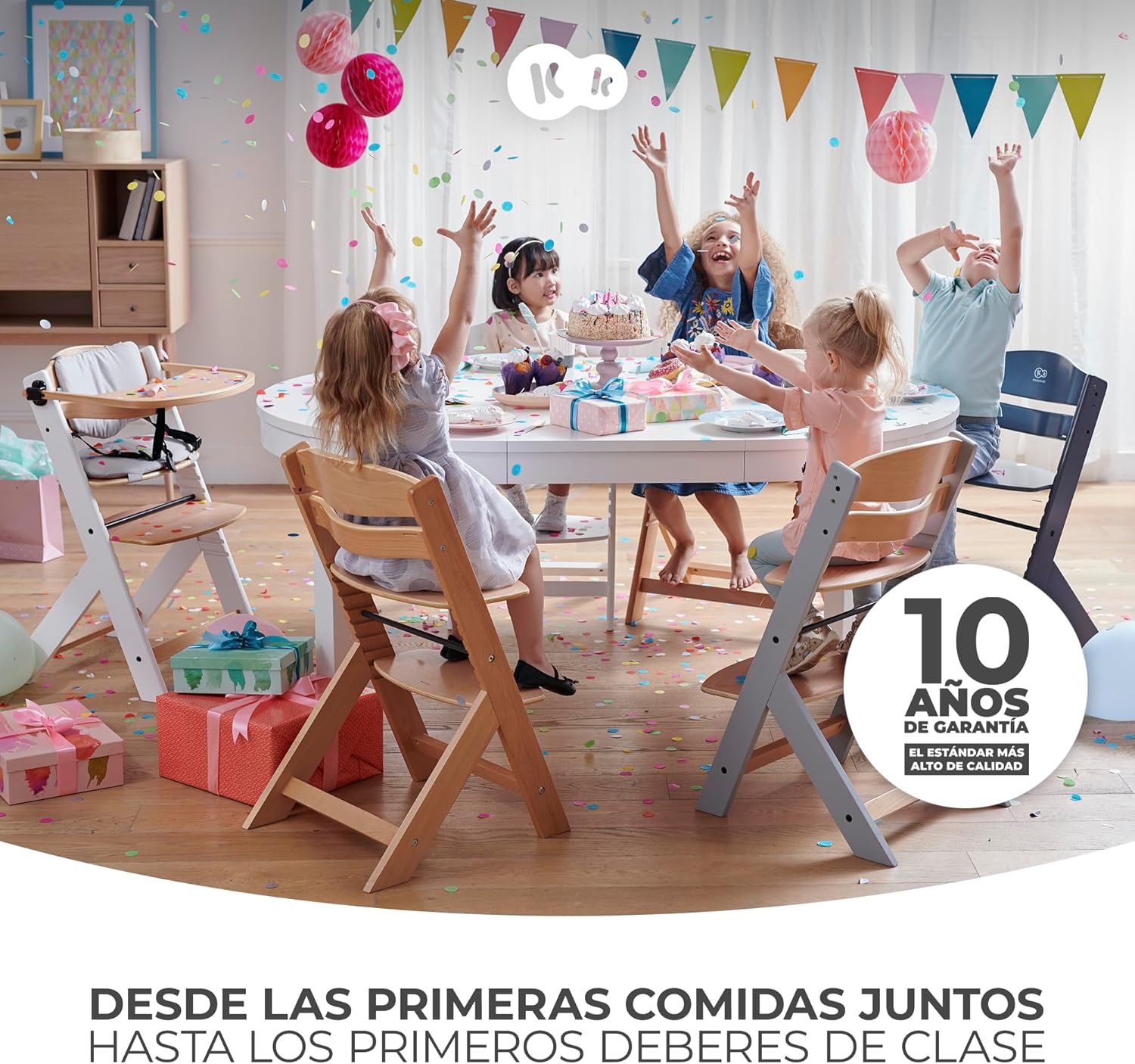 Kinderkraft ENOCK Trona bebé de Madera + Hamaca Bebé CALMEE, portatil, para niños, Silla alta Infantil, Evolutiva, Ergonómica, Barrera y Bandeja, Gris