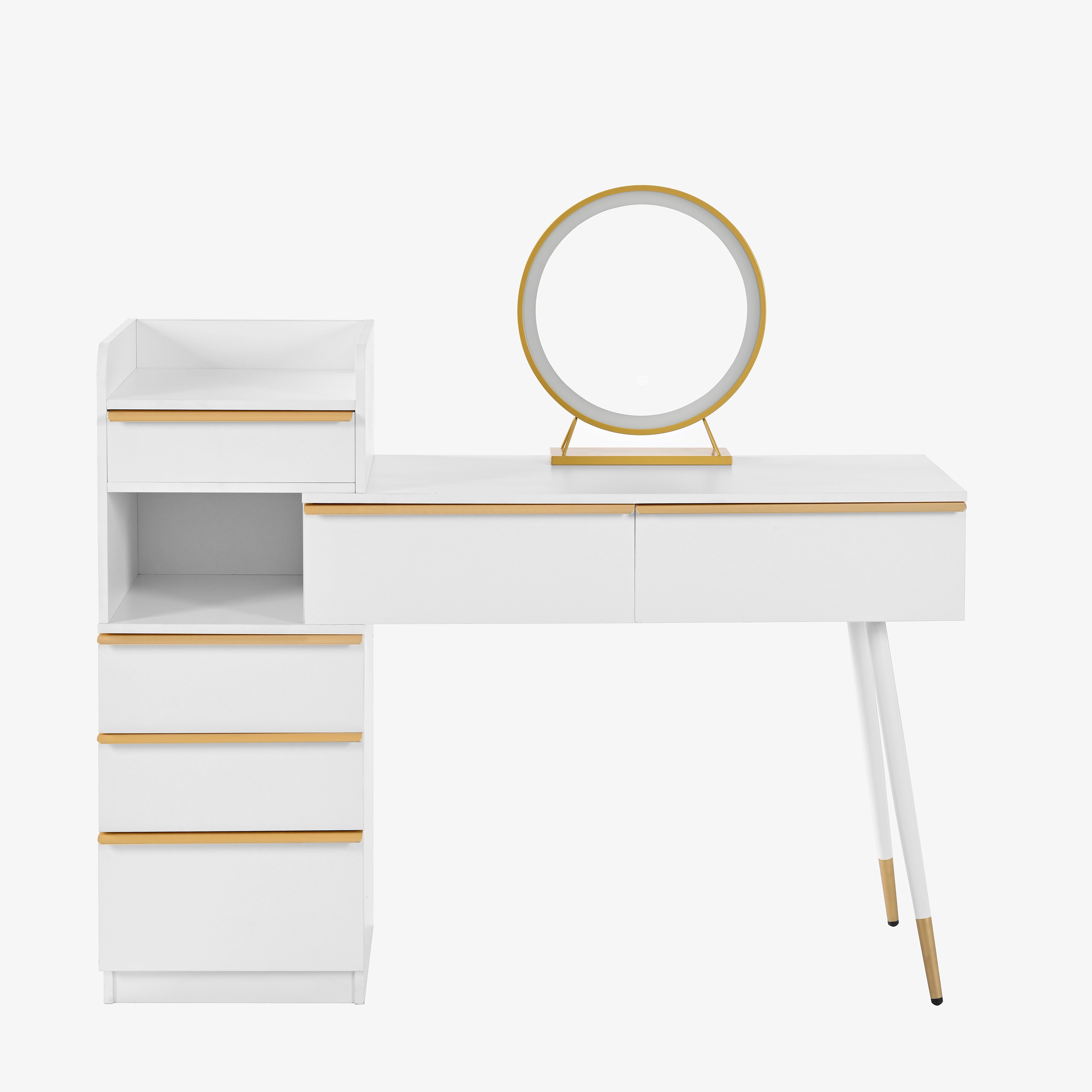 Tocador con espejo LED - 6 amplios cajones + mueble auxiliar - 100 x 41,5 x 102 cm - Tablero de partículas - Blanco