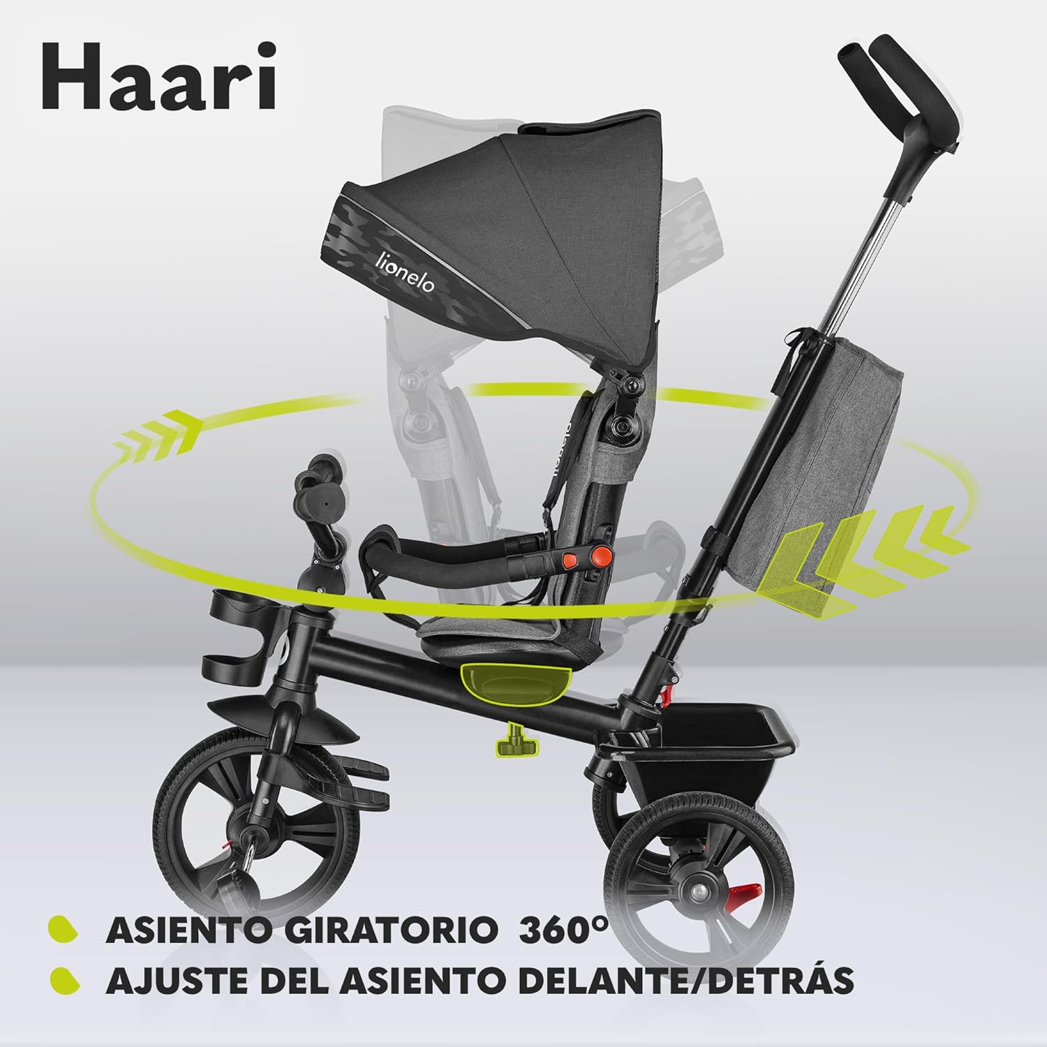 LIONELO Haari Bicicleta 2 en 1 Menores hasta 25 kg 1,5-5 años Triciclo- Carrito Cesta espaciosa, Bolsa y portavasos Cinturones de 3 Puntos con Fundas Toldo Reposapiés Gris