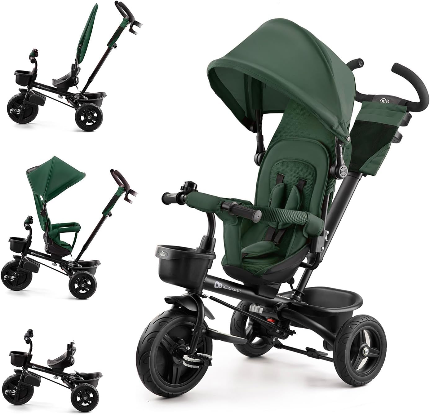 Kinderkraft AVEO Triciclo Bebé, Plegable, Trike, Bicicleta para Niños, Triciclo Evolutivo, Triciclo Sin Pedales, Bicicleta Bebe, Con Accesorios Práctico, Dos Cestas, 9 Meses a 25 kg, Rosa