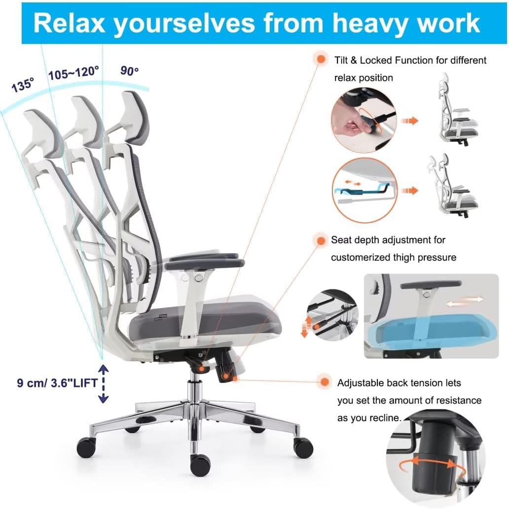 Silla de Oficina Ergonómica con Respaldo Adaptativo, Mesa y Silla de Escritorio de Alto Respaldo con Reposabrazos 4D, Profundidad de Asiento Ajustable, Soporte Lumbar y Reposacabezas 2D
