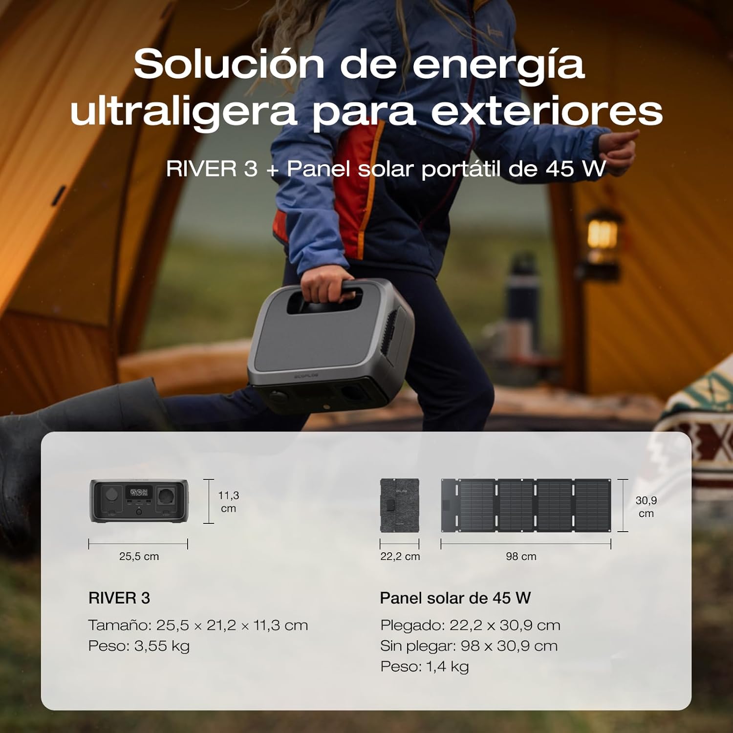 Estación de energía portátil EF EcoFlow RIVER 3 con panel solar 45 W, batería LFP 245 Wh, salida 600 W, eficiencia con GaN que duplica la duración, SAI en <20 ms, generador solar un 30% más compacto