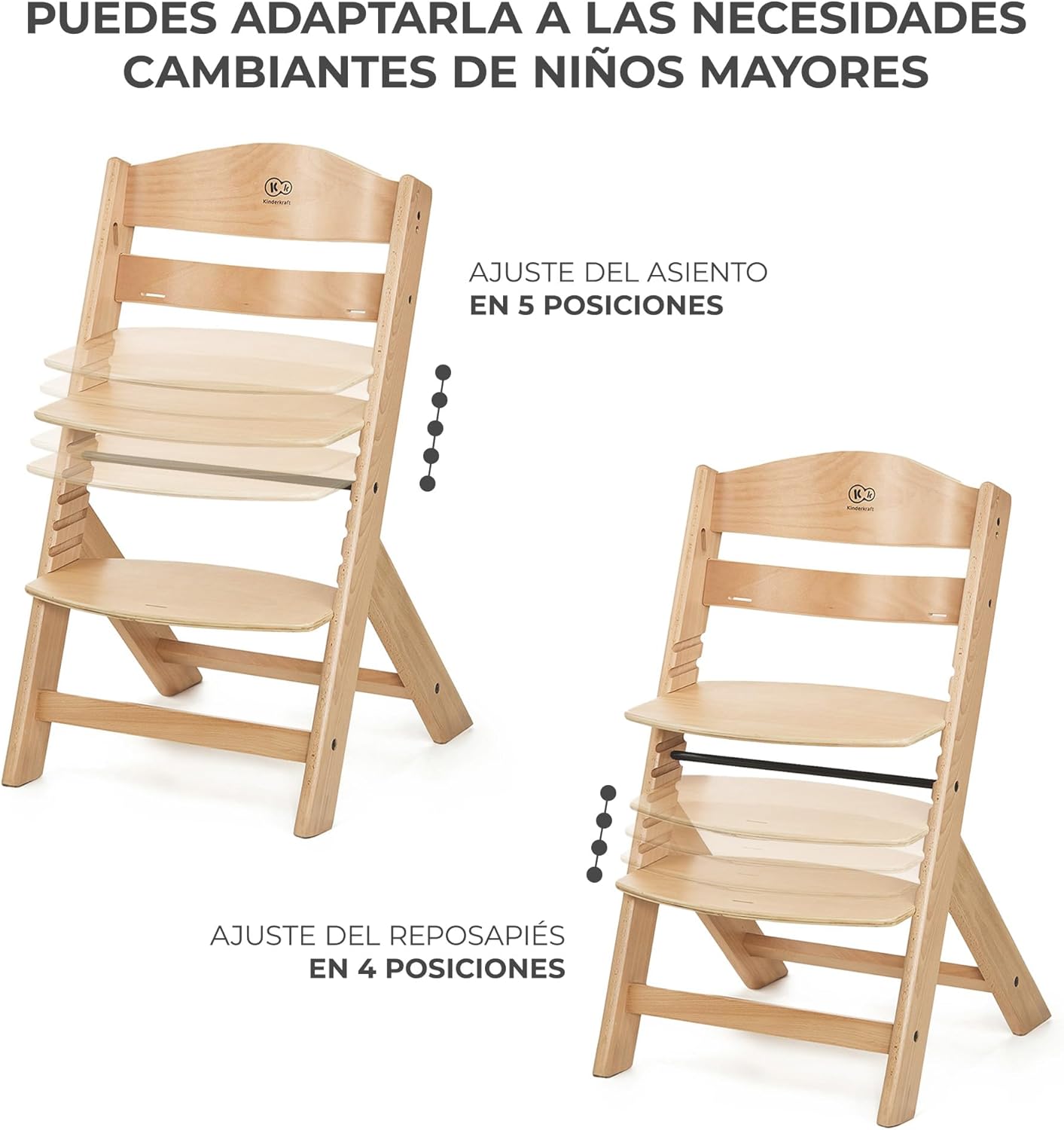 Kinderkraft ENOCK Trona bebé de Madera + Hamaca Bebé CALMEE, portatil, para niños, Silla alta Infantil, Evolutiva, Ergonómica, Barrera y Bandeja, Gris