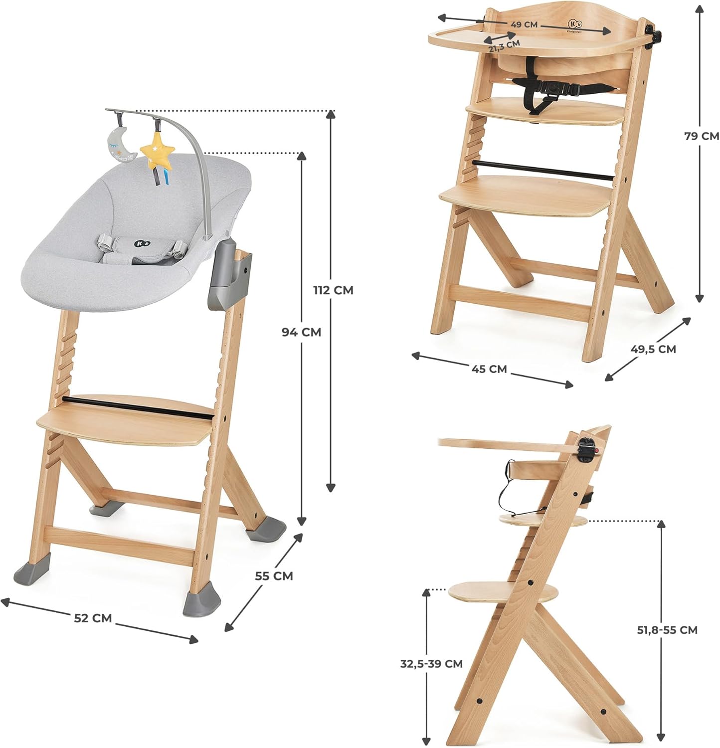 Kinderkraft ENOCK Trona bebé de Madera + Hamaca Bebé CALMEE, portatil, para niños, Silla alta Infantil, Evolutiva, Ergonómica, Barrera y Bandeja, Gris