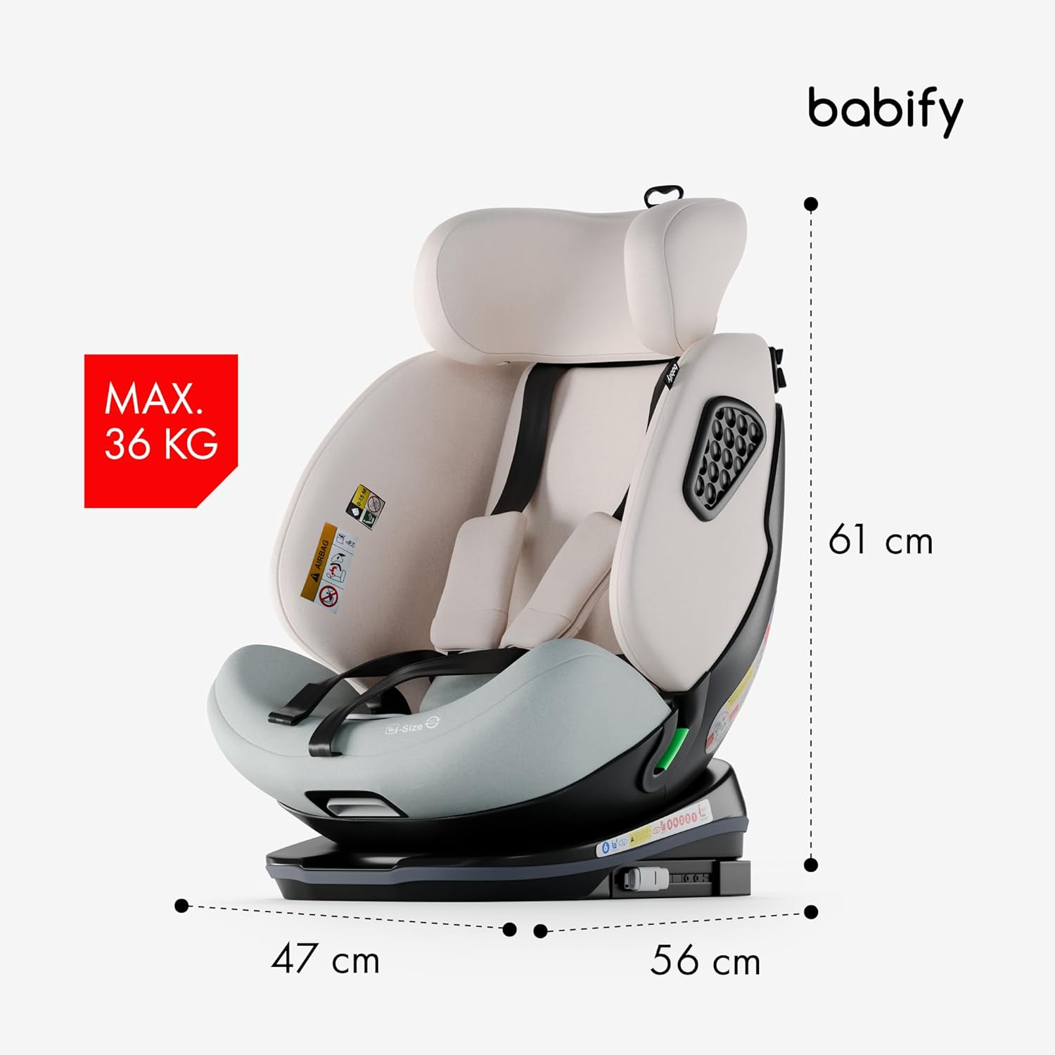 Babify Onboard Silla de Coche Isofix para Bebés y Niños, 0 Meses - 12 Años, Apta Desde 40-150 cm, Ajustable 360º, Asiento Portátil y Seguro i-Size ECE R129 - Black edition