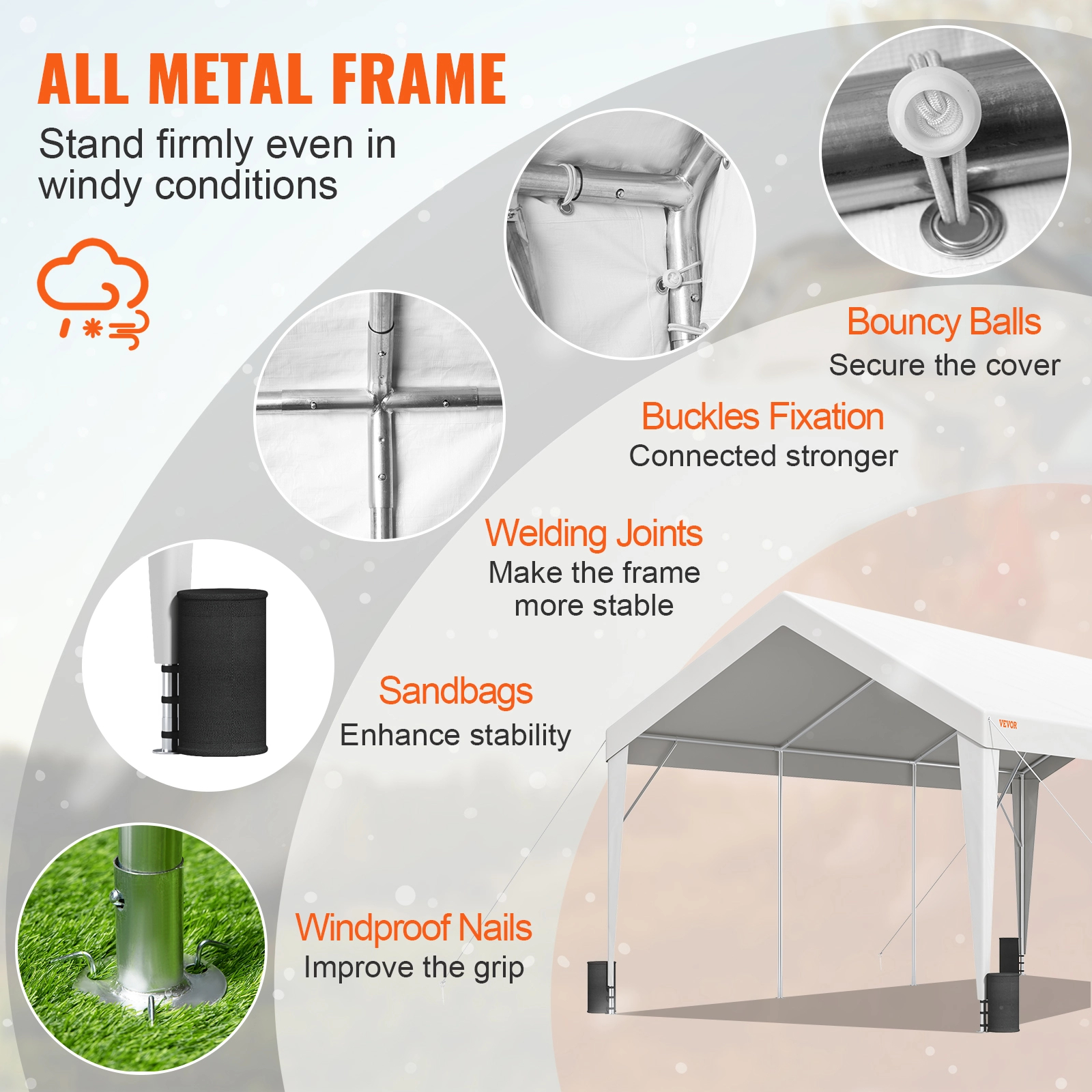 VEVOR Toldo para Cochera 3x6 m Refugio para Garaje Exterior con 8 Postes Reforzados y 4 Bolsas con Peso, Resistente a los Rayos UV, Impermeable, Refug