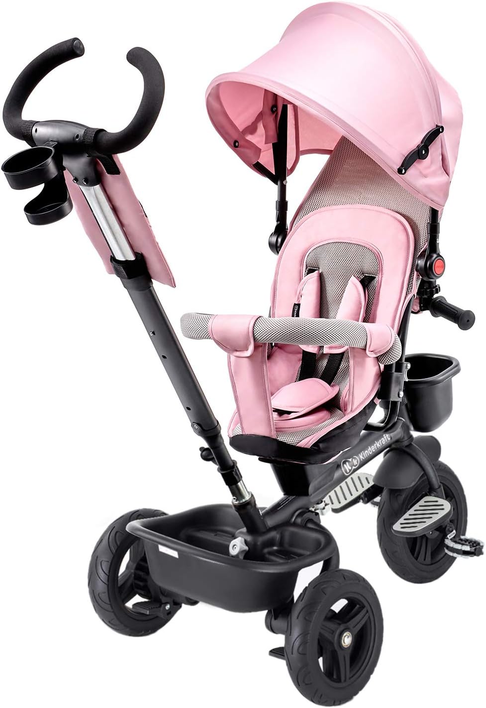 Kinderkraft AVEO Triciclo Bebé, Plegable, Trike, Bicicleta para Niños, Triciclo Evolutivo, Triciclo Sin Pedales, Bicicleta Bebe, Con Accesorios Práctico, Dos Cestas, 9 Meses a 25 kg, Rosa
