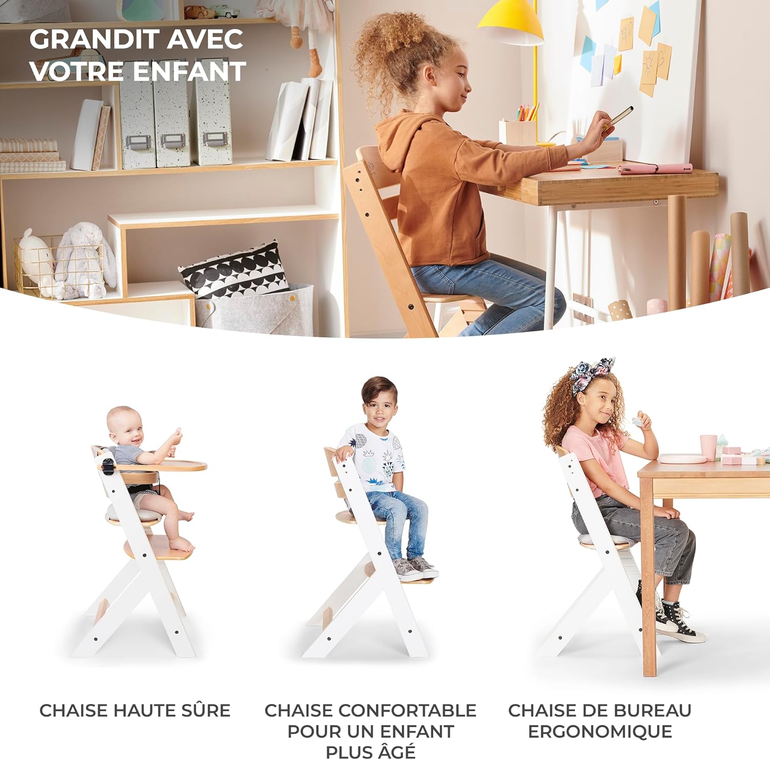 Kinderkraft ENOCK Trona bebé de Madera + Hamaca Bebé CALMEE, portatil, para niños, Silla alta Infantil, Evolutiva, Ergonómica, Barrera y Bandeja, Gris