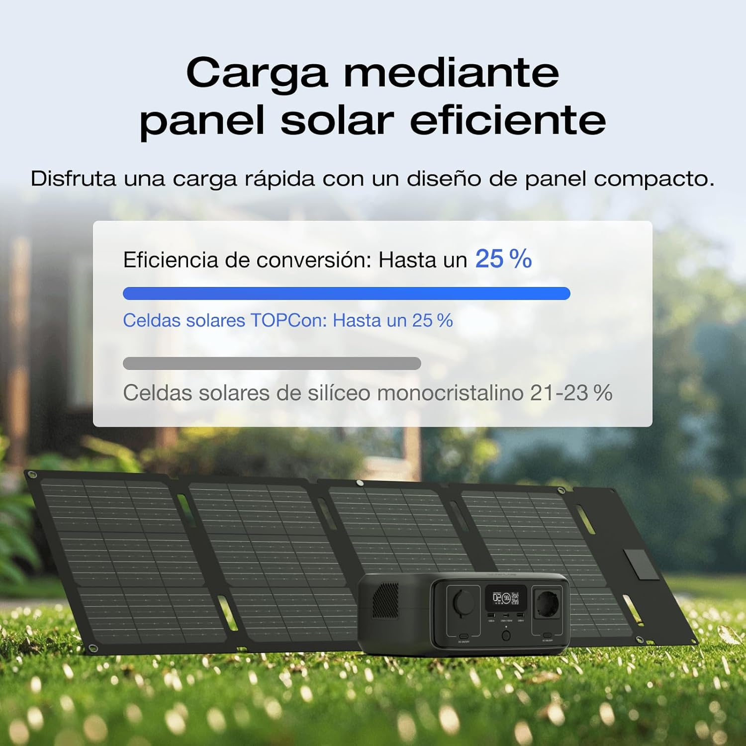 Estación de energía portátil EF EcoFlow RIVER 3 con panel solar 45 W, batería LFP 245 Wh, salida 600 W, eficiencia con GaN que duplica la duración, SAI en <20 ms, generador solar un 30% más compacto