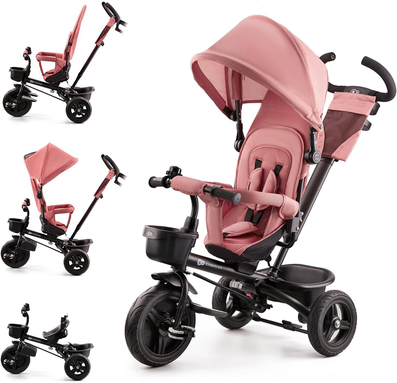 Kinderkraft AVEO Triciclo Bebé, Plegable, Trike, Bicicleta para Niños, Triciclo Evolutivo, Triciclo Sin Pedales, Bicicleta Bebe, Con Accesorios Práctico, Dos Cestas, 9 Meses a 25 kg, Rosa