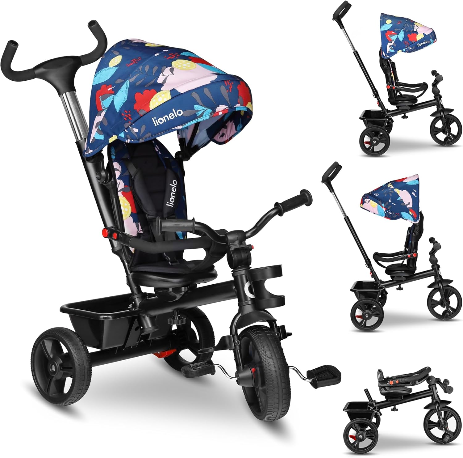 LIONELO Haari Bicicleta 2 en 1 Menores hasta 25 kg 1,5-5 años Triciclo- Carrito Cesta espaciosa, Bolsa y portavasos Cinturones de 3 Puntos con Fundas Toldo Reposapiés Gris