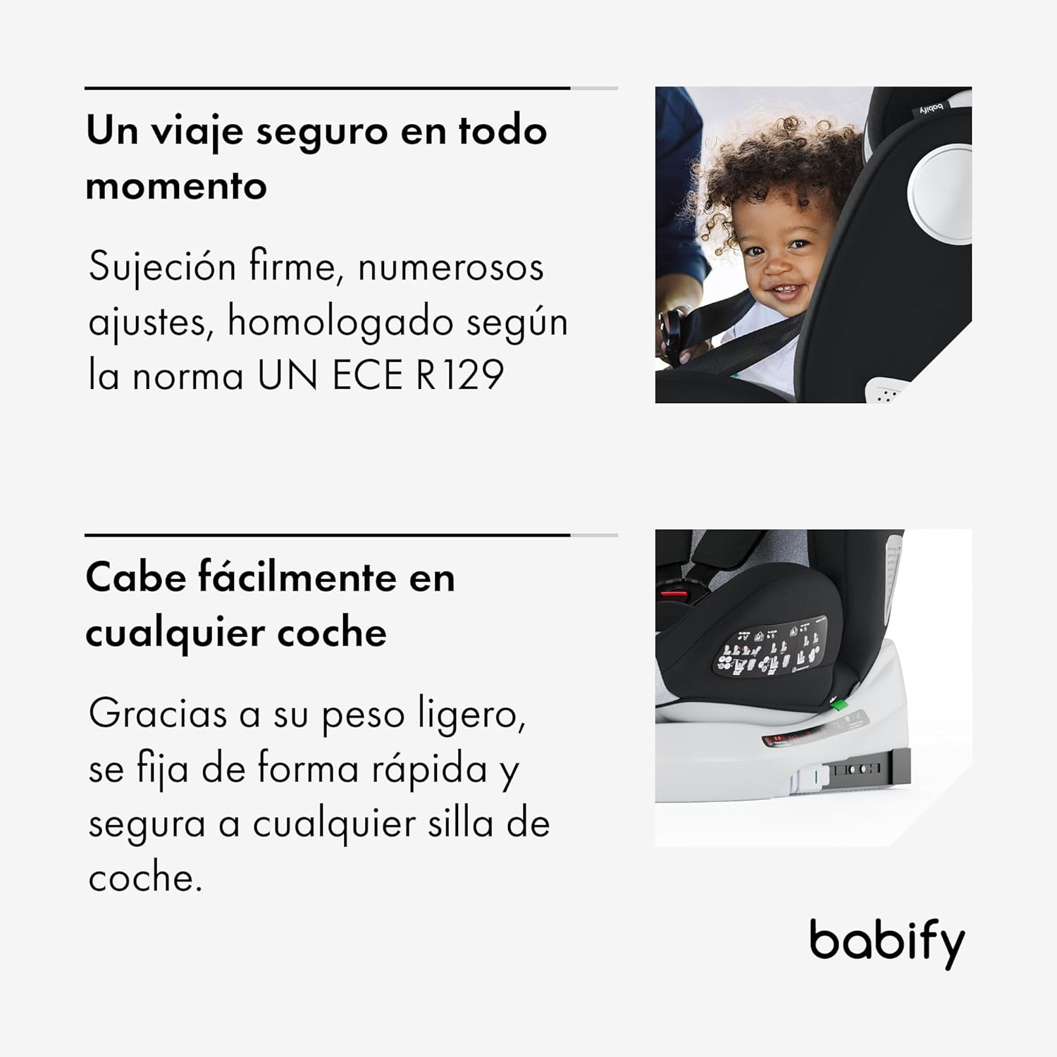 Babify Onboard Silla de Coche Isofix para Bebés y Niños, 0 Meses - 12 Años, Apta Desde 40-150 cm, Ajustable 360º, Asiento Portátil y Seguro i-Size ECE R129 - Black edition