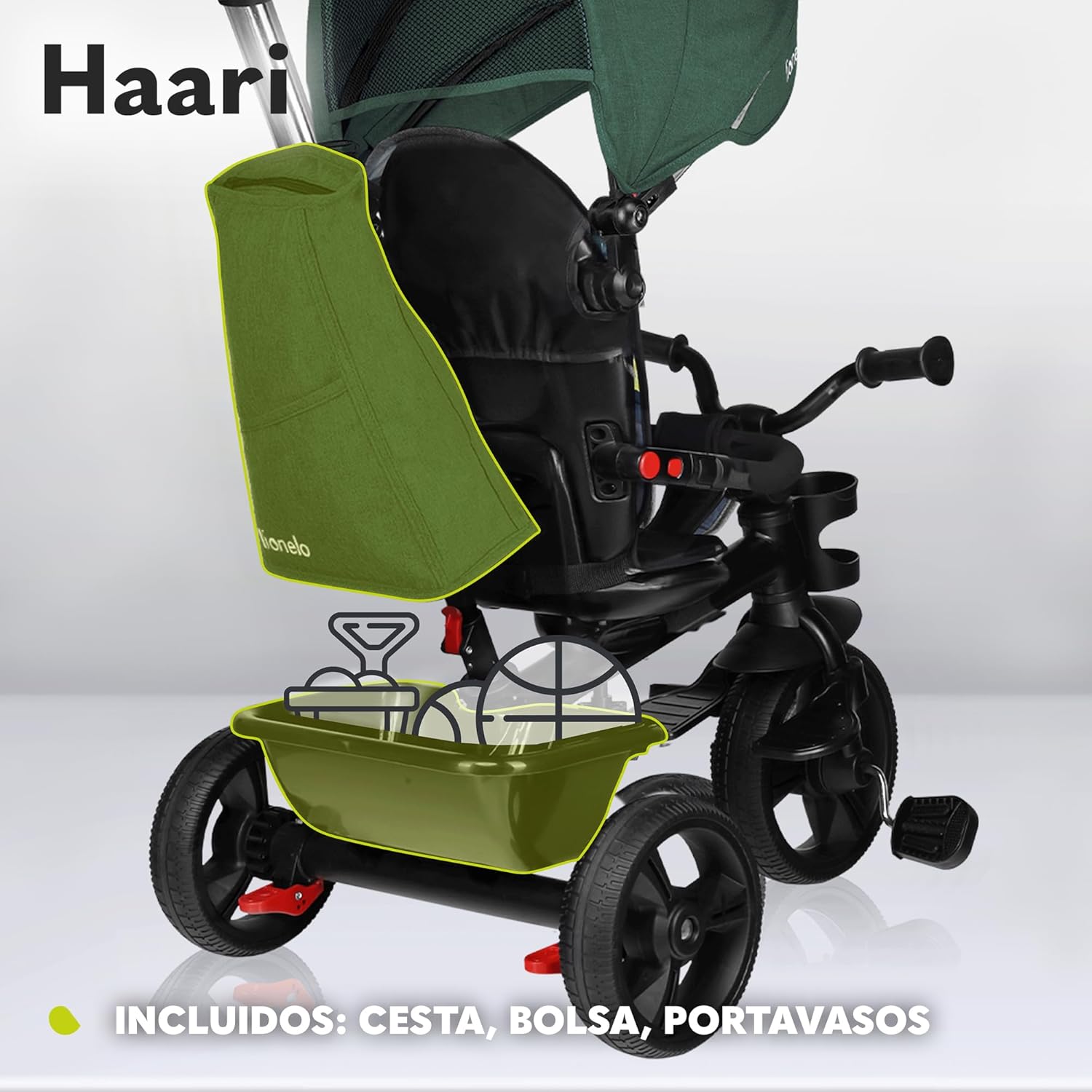 LIONELO Haari Bicicleta 2 en 1 Menores hasta 25 kg 1,5-5 años Triciclo- Carrito Cesta espaciosa, Bolsa y portavasos Cinturones de 3 Puntos con Fundas Toldo Reposapiés Gris