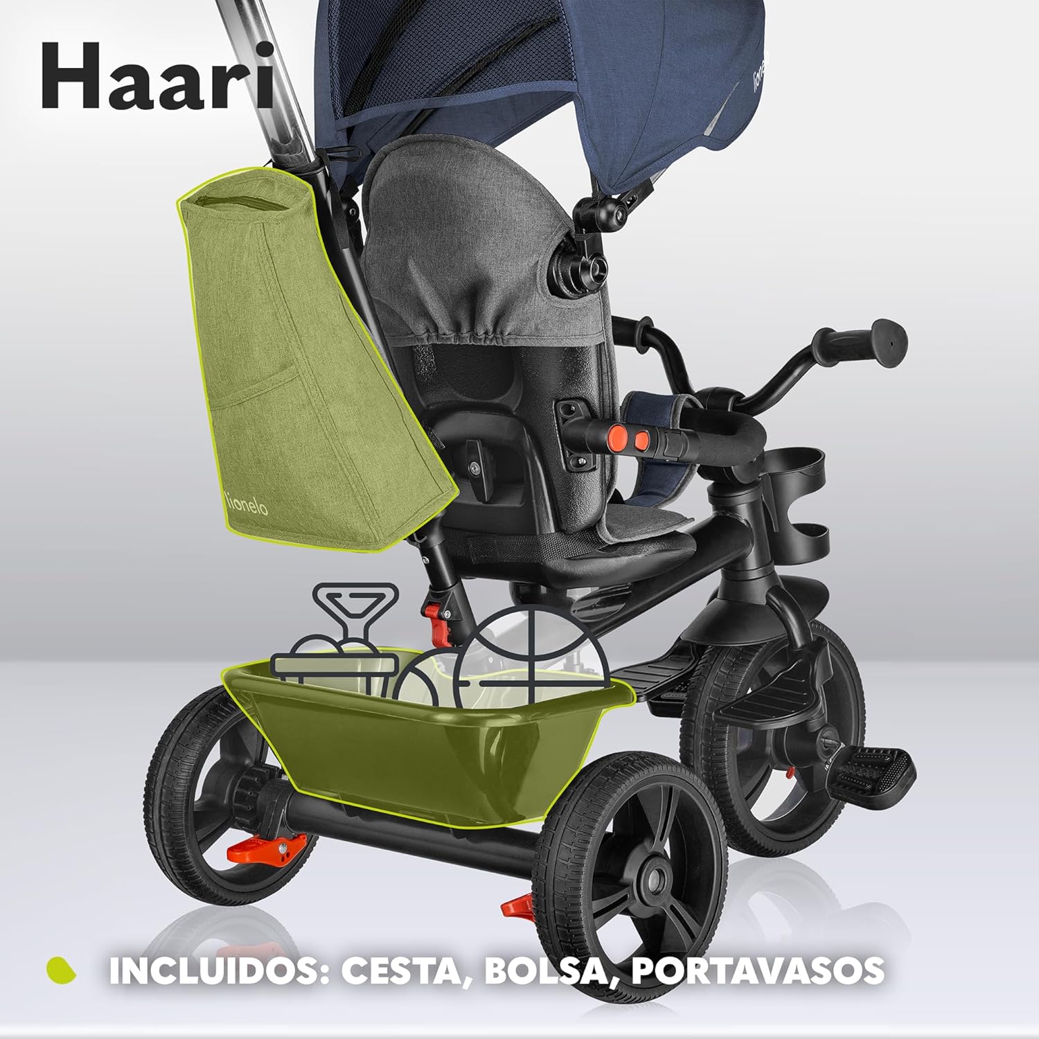 LIONELO Haari Bicicleta 2 en 1 Menores hasta 25 kg 1,5-5 años Triciclo- Carrito Cesta espaciosa, Bolsa y portavasos Cinturones de 3 Puntos con Fundas Toldo Reposapiés Gris