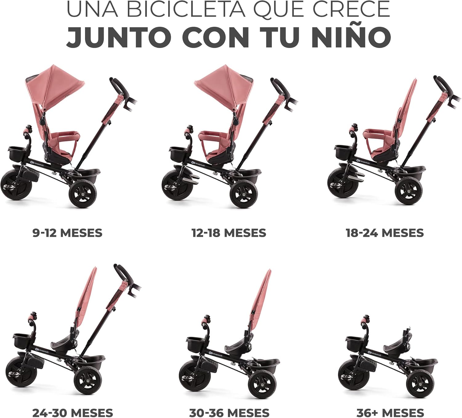 Kinderkraft AVEO Triciclo Bebé, Plegable, Trike, Bicicleta para Niños, Triciclo Evolutivo, Triciclo Sin Pedales, Bicicleta Bebe, Con Accesorios Práctico, Dos Cestas, 9 Meses a 25 kg, Rosa